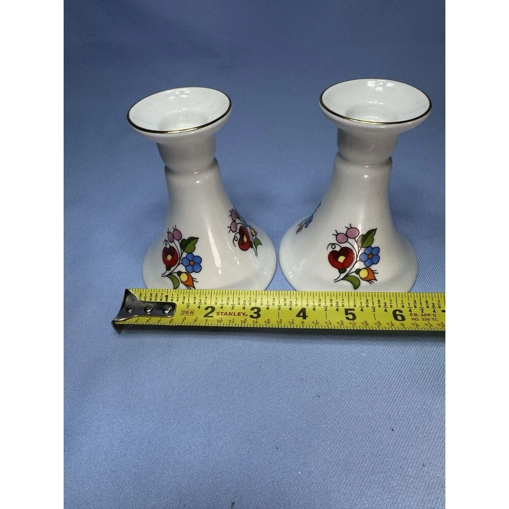 Set Of 2 Kalocsa Candle Holders, Hand painted Red And Blue Floral, Hungary 4.5”
